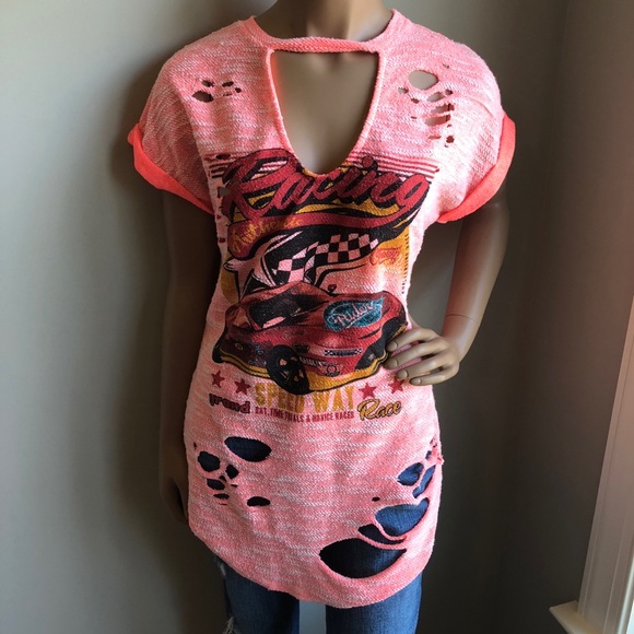 Love J Tops - Love J - Racing Graphic Destroyed Short Sleeve Top